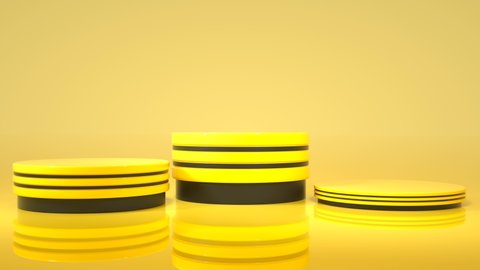 Scene with podium for the first, second and third places in yellow color. Stages bouncing up. 3D rendering.