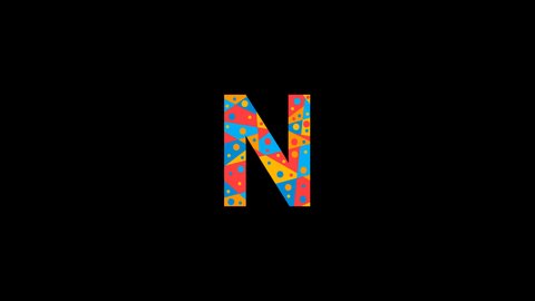 Letter N. Animated unique font made of circles and triangles, polygons. Geometric mosaic bright colors. Letter N for icons, logos, interface elements. Alpha channel transparent background, 4K
