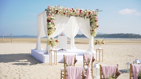Wedding detail set up for seaside  sunny on summer. Wedding celebration tropical palms trees boats ocean background. Wedding holiday patterns island in Phuket,Thailand .