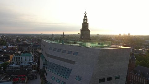 4K Drone Groningen skyline sunset realtime