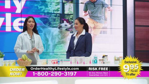 TV Beauty Products Ad Infomercial: Host and Expert Doctor Talk, Present Boxes with Best Beauty Products, Health Care Supplements, Cosmetics. Mock-up Playback Television Advertisement Commercial Ad
