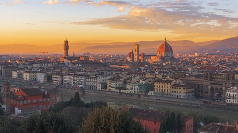 Florence, Italy skyline with landmark buildings at dusk over the Arno River.