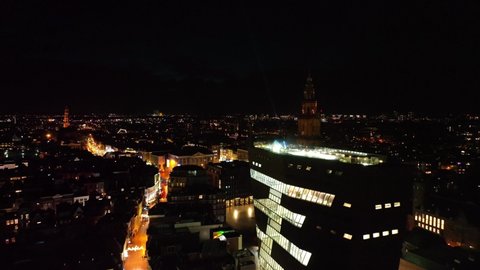 Drone 4K night skyline Groningen realtime