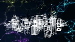 Animation of network of connections over 3d cityscape drawing. global data processing, digital interface and architecture concept digitally generated video.