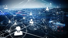Animation of network of connections with people icons over cityscape. global data processing, digital interface and architecture concept digitally generated video. - Powered by Shutterstock - Get 15% off with code: PIKWIZARD15