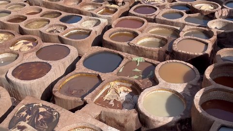 Fes, Morocco - February 02, 2022; Dar dbagh Chouara tannery in the old medina of Fes Morocco.