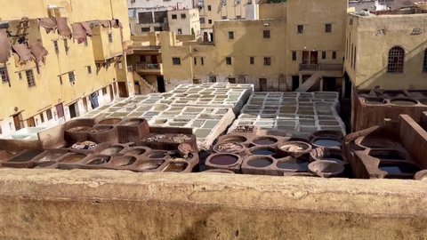 Fes, Morocco - February 02, 2022; Dar dbagh Chouara tannery in the old medina of Fes Morocco.