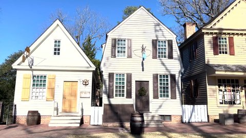 Colonial Williamsburg; Virginia; December; 2021: Establishing Shot of buildings in Colonial Williamsburg