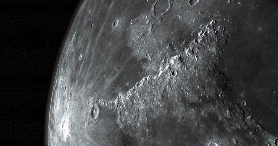 Montes Apenninus in the lunar surface of the moon in rotation, 3d render