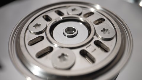 Rotating disks of a disassembled hard drive Close-up
