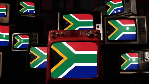 Flag of South Africa and Vintage Televisions. 4K Resolution.