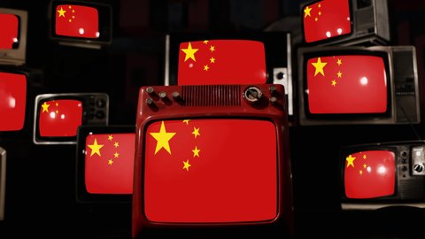 National Flag of the People's Republic of China and Vintage Televisions. 4K Resolution.