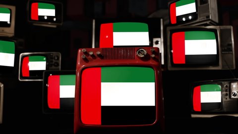 The national flag of the United Arab Emirates and Vintage Televisions. 4K Resolution.