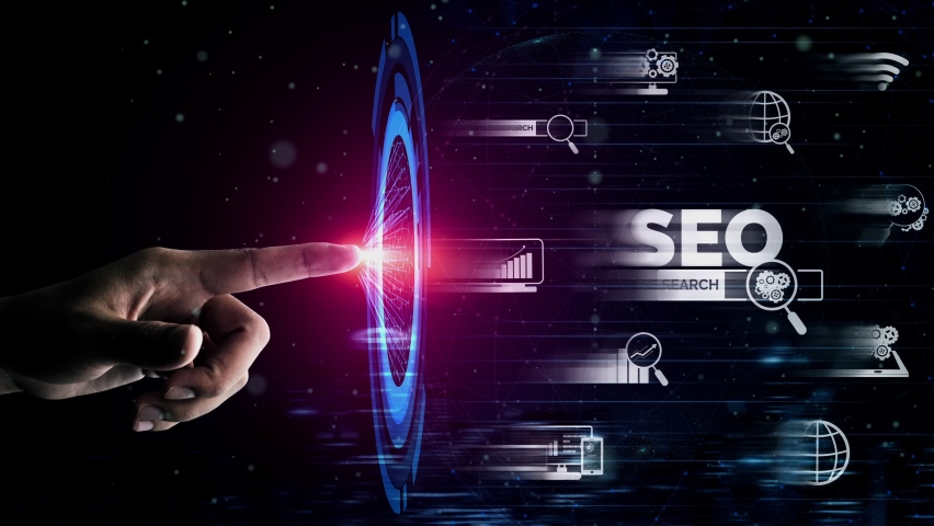 SEO - Search Engine Optimization for Online Marketing conceptual. Modern graphic interface showing symbol of keyword research website promotion by optimize customer search and analyze market strategy.