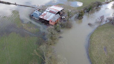 Flooded farmstead by the River Severn, UK