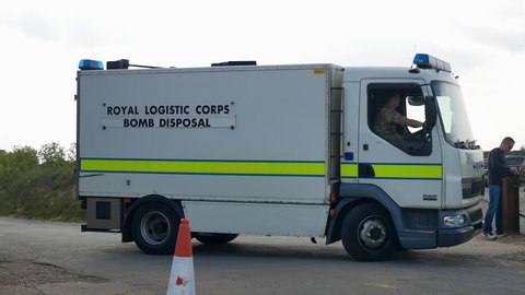 West Runton, Norfolk, United Kingdom. April 23, 2017. Army Royal Ordnance Corps Bomb Disposal team arrive at Norfolk beach after wartime explosives found.