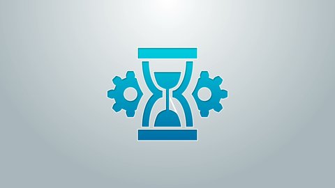 Blue line Hourglass and gear icon isolated on grey background. Time Management symbol. Clock and gear icon. Productivity symbol. 4K Video motion graphic animation.