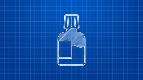 White line Mouthwash plastic bottle icon isolated on blue background. Liquid for rinsing mouth. Oralcare equipment. 4K Video motion graphic animation.