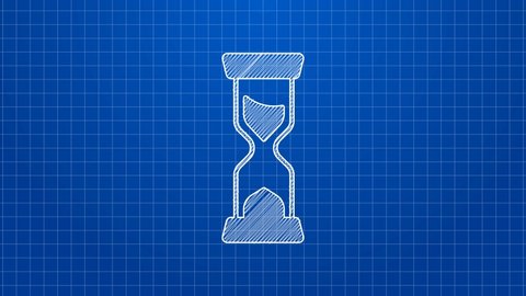 White line Old hourglass with flowing sand icon isolated on blue background. Sand clock sign. Business and time management concept. 4K Video motion graphic animation.