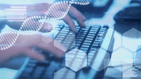 Animation of dna strand and data processing over hands typing on keyboard. global medicine, healthcare and data processing concept digitally generated video. - Powered by Shutterstock - Get 15% off with code: PIKWIZARD15
