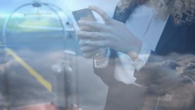 Animation of data processing and clouds over caucasian businesswoman using smartphone. global business, finances, connections and digital interface concept digitally generated video.