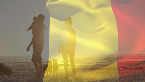 Animation of flag of belgium over caucasian parents with child and dogs at beach. patriotism and celebration concept digitally generated video.