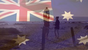 Animation of flag of australia over caucasian parents with child at beach. patriotism and celebration concept digitally generated video.