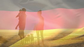 Animation of flag of germany over caucasian parents with child and dogs at beach. patriotism and celebration concept digitally generated video.