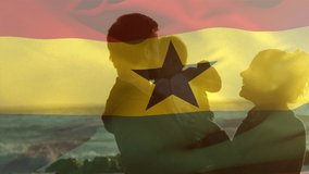 Animation of flag of ghana over caucasian parents with child at beach. patriotism and celebration concept digitally generated video.