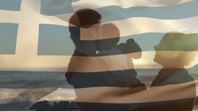 Animation of flag of greece over caucasian parents with child at beach. patriotism and celebration concept digitally generated video.
