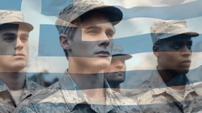 Animation of flag of greece over diverse male soldiers. patriotism and celebration concept digitally generated video.