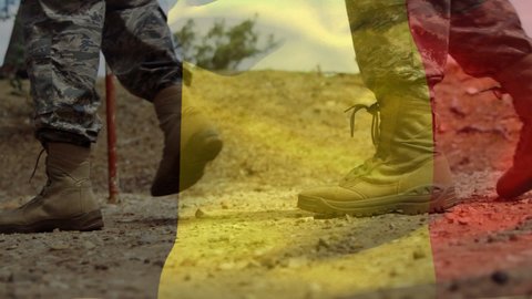 Animation of flag of belgium over diverse male soldiers walking. patriotism and celebration concept digitally generated video.