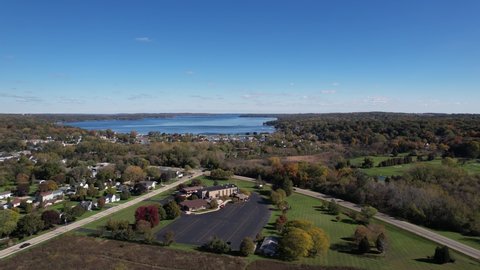 Fontana-on-Geneva Lake, Wisconsin USA. Aerial View of Green Landscape and Lakefront on Sunny Autumn Day, Drone Shot