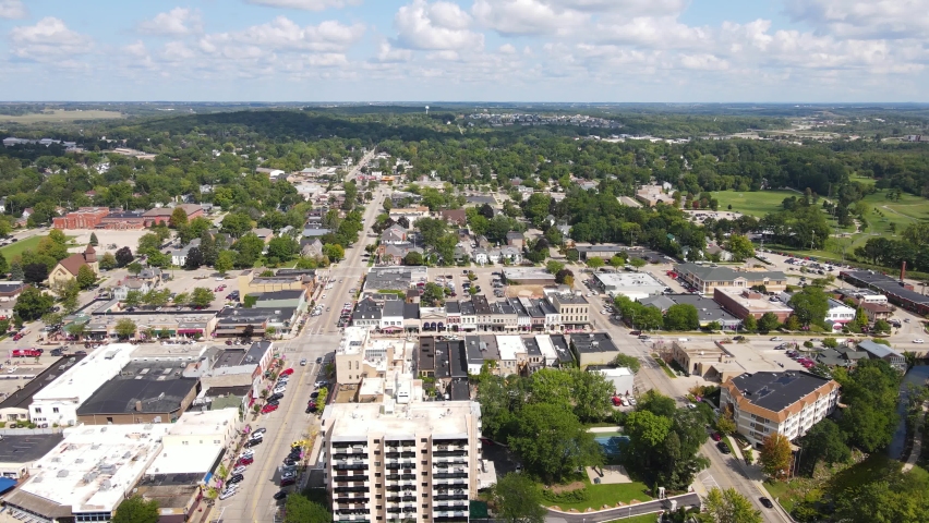 Lake Geneva Cityscape, Wisconsin USA. Aerial View of Buildings Streets and Green Landscape, Drone Shot