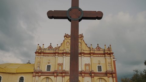Wooden Cross At The Square In Front Of The Cathedral Of San Cristobal In Las Casas, Chiapas, Mexico. tilt down