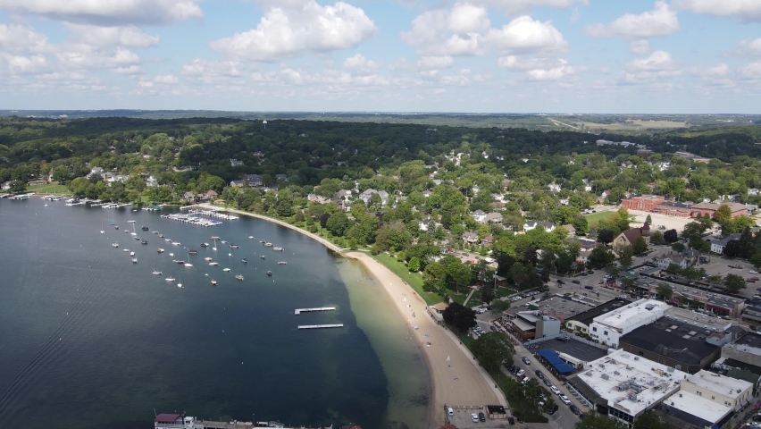 Aerial View of Geneva Lake, Wisconsin USA, Cityscape Skyline and Lakefront, Panoramic Drone Shot