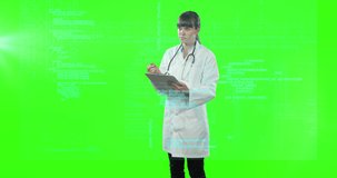 Animation of biracial female doctor over data processing on green screen. global medicine, healthcare and data processing concept digitally generated video.