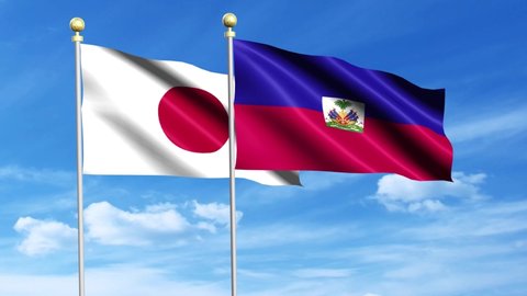 Haiti, Japan, 3d flags and 4K render of Haiti and Japan waving in the wind on sky background.