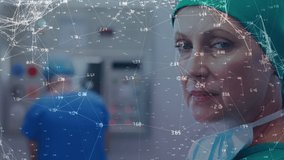 Animation of network of connections over caucasian female doctor. global medicine, healthcare and data processing concept digitally generated video.