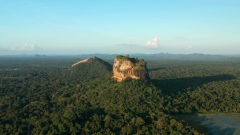 Aerial View Of Sigiriya Rock Fortress On Lion Rock in the middle of jungle rainforest Sri Lanka