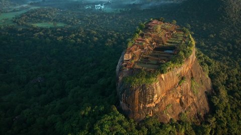 Amazing aerial drone view of Sigiriya Lion Rock ancient fortress in Sri Lanka