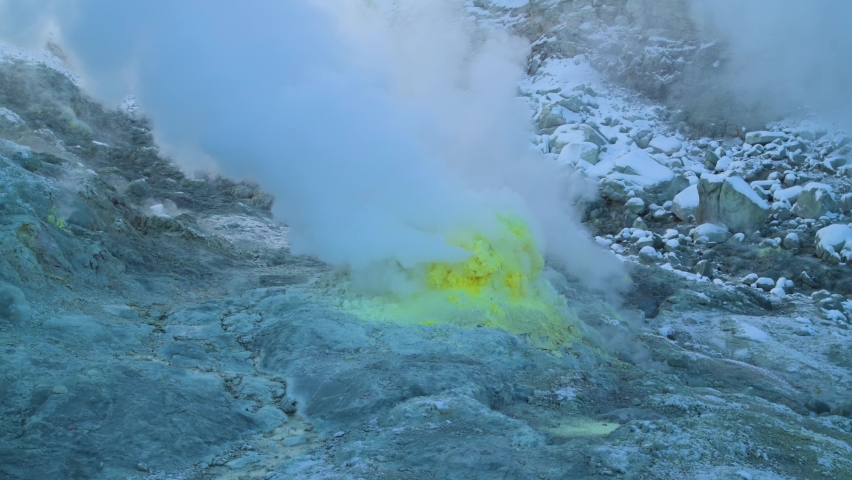 Closeup shot of sulfur gas coming out from the rocky ground of Mount Io, Teshikaga, Hokkaido