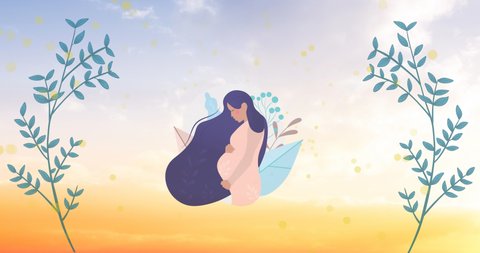 Animation of illustration of butterflies flying over pregnant woman. international day of the midwife and pregnancy concept digitally generated video.