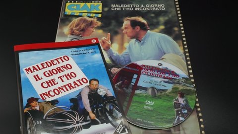 Rome, Italy - 02 March 2022, detail of the cover of the insert Ciak narrates and detail of the cover and DVD of the film by Carlo Verdone and Margherita Buy, Cursed the day I met you.