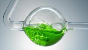 Green liquid boils in glass flask. Environmental pollution. Organic cosmetics. Concept. Water purification. Preparation of ingredients. Chemical experiment in laboratory. Boiling and steam. Toxicity. - Powered by Shutterstock - Get 15% off with code: PIKWIZARD15