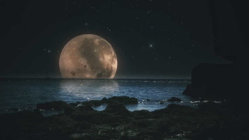 Full Moon Spinning Ocean Horizon Rocks Under Moonlight. Amazing moonlight over ocean, full moon spinning on the horizon. Surreal nature landscape | Shutterstock HD Video #1087838229