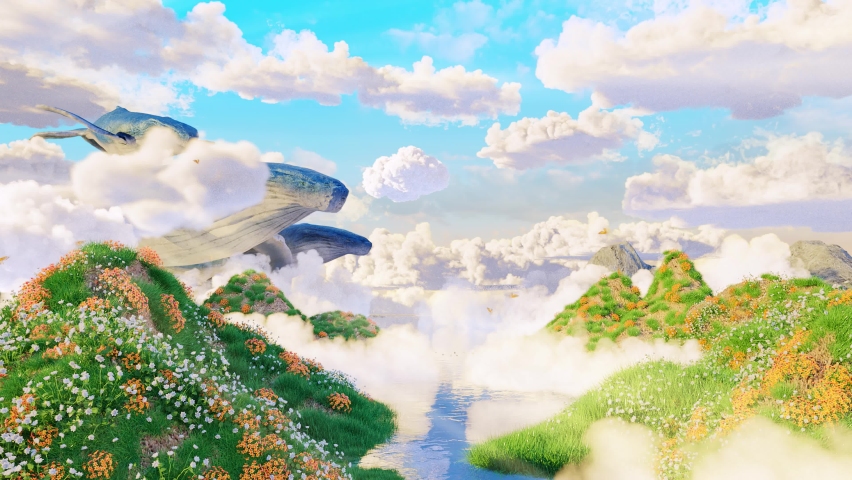 4k Hunchback whales swimming through the air above fantasy cloudy landscape of a magical world | Shutterstock HD Video #1087838629