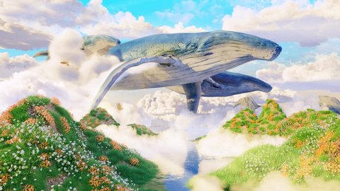 4k Hunchback whales swimming through the air above fantasy cloudy landscape of a magical world