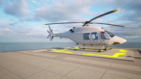 A 360-degree view of an unbranded helicopter parked on top of an offshore heliport with views of the ocean all-around - seamless looping.