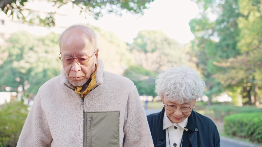 Asian old aged couple walking in the park. Second life.